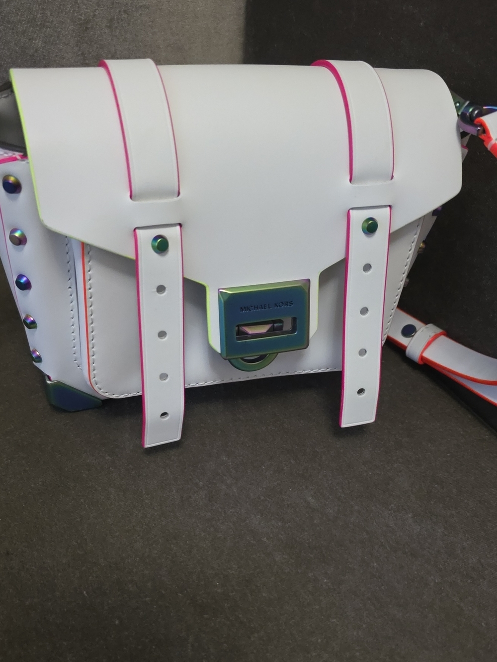 Michael Kors White Leather Satchel with Neon Pink & Lime Edge